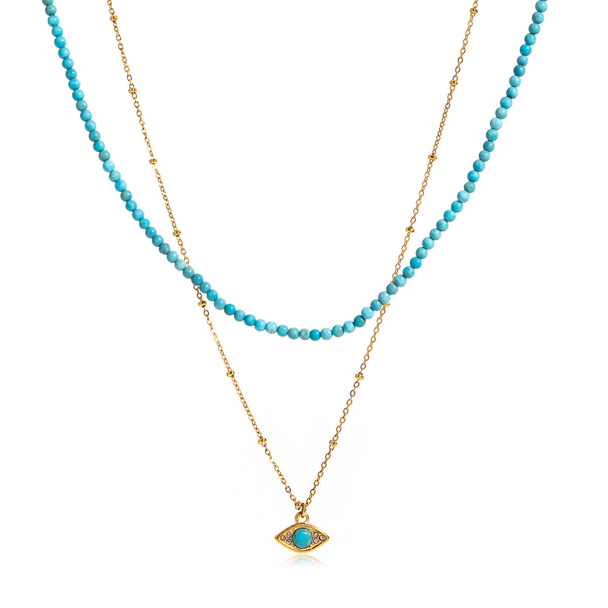 Turquoise Layered Necklace Set – Beaded Choker + Evil Eye Pendant