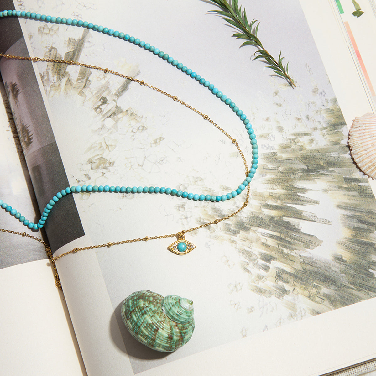 Turquoise Layered Necklace Set – Beaded Choker + Evil Eye Pendant
