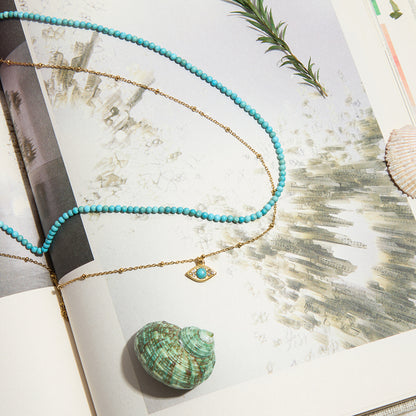 Turquoise Layered Necklace Set – Beaded Choker + Evil Eye Pendant