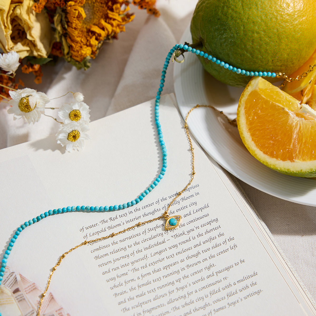 Turquoise Layered Necklace Set – Beaded Choker + Evil Eye Pendant