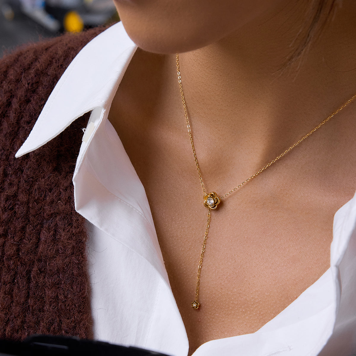 Golden Rose Bloom Y-Drop Necklace