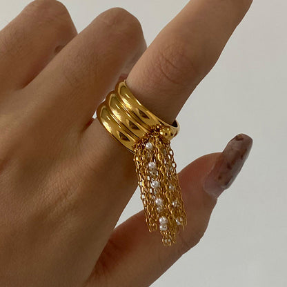 Gold Fringe Pearl Ring – Adjustable Open Band