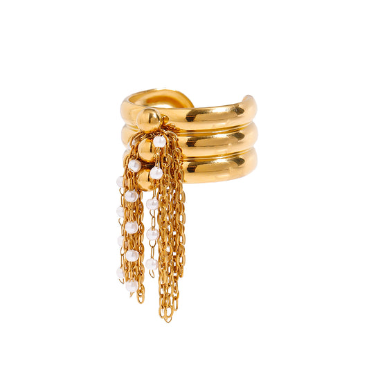 Gold Fringe Pearl Ring – Adjustable Open Band