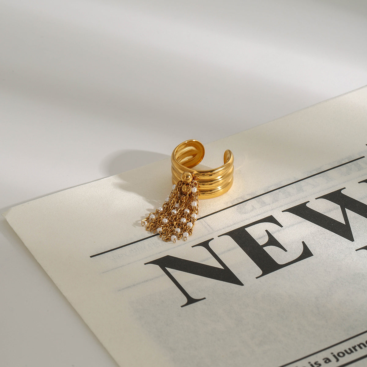Gold Fringe Pearl Ring – Adjustable Open Band