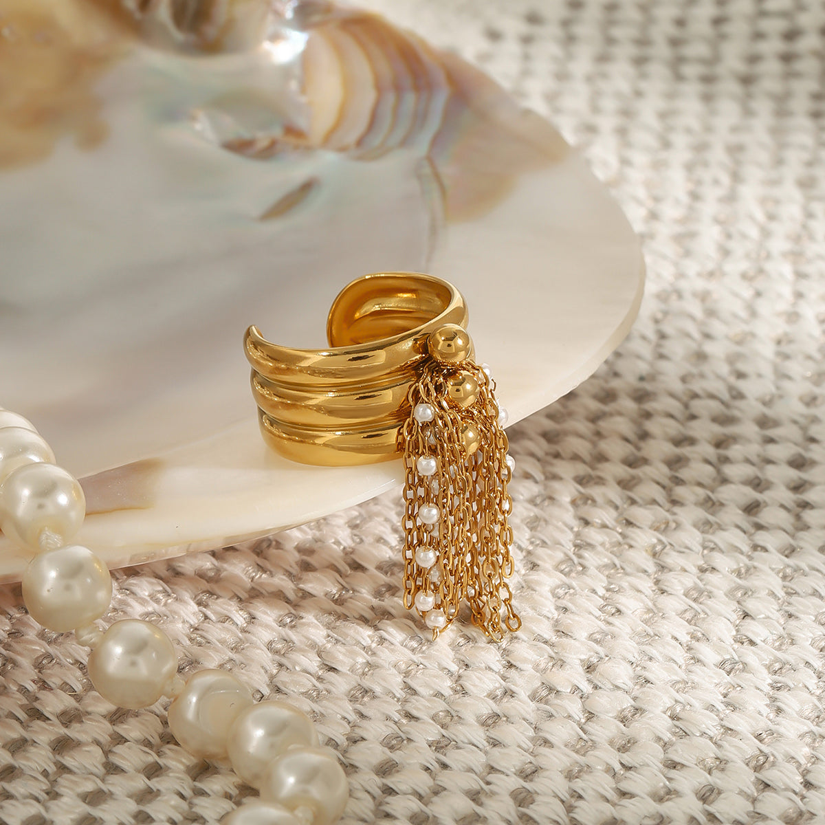 Gold Fringe Pearl Ring – Adjustable Open Band