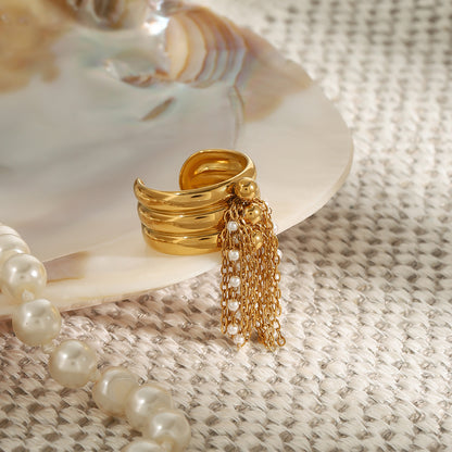 Gold Fringe Pearl Ring – Adjustable Open Band