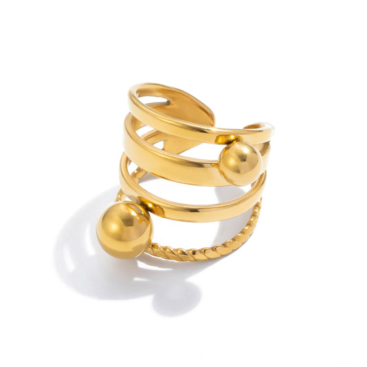 Gold Adjustable Statement Ring – Triple Band with Spheres,