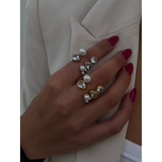 Adjustable Pearl & Crystal Open Ring
