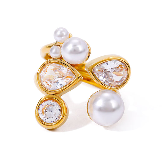 Adjustable Pearl & Crystal Open Ring