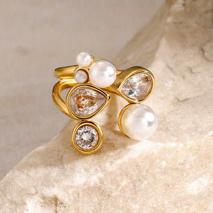 Adjustable Pearl & Crystal Open Ring