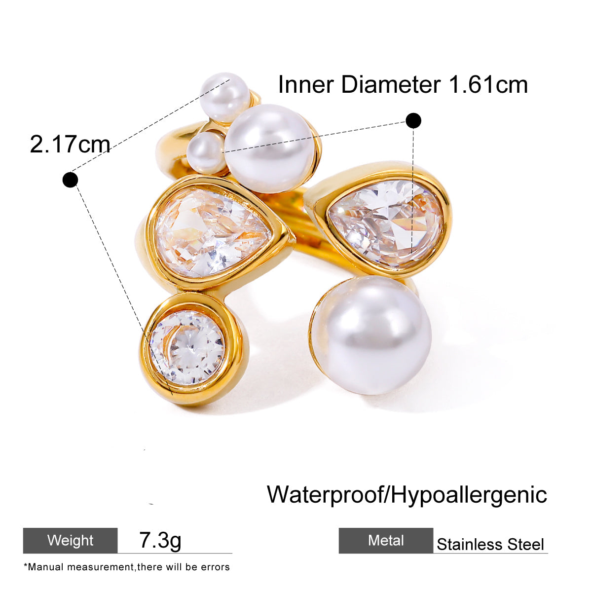 Adjustable Pearl & Crystal Open Ring