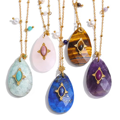 Natural Stone Teardrop & Pearl Medallion Necklace