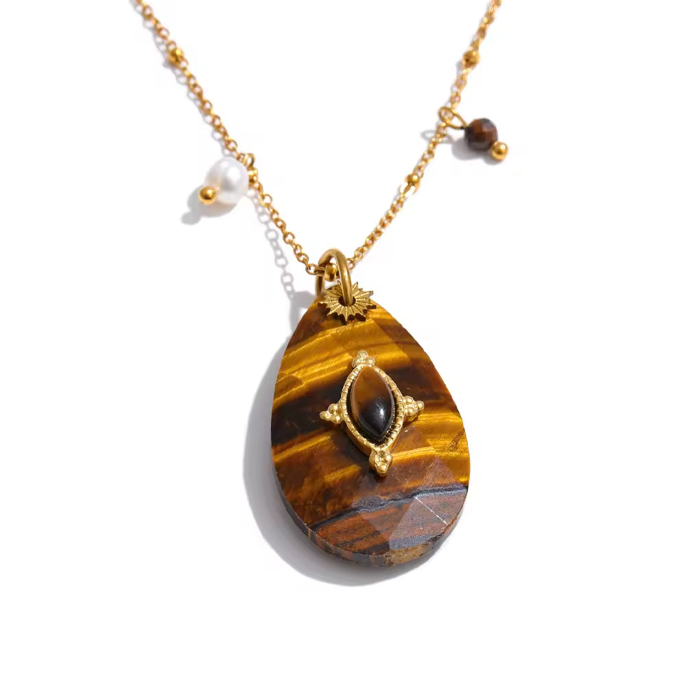 Natural Stone Teardrop & Pearl Medallion Necklace